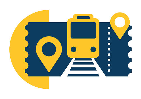 Train ticket icon - passenger transportation service color pictogram with Locomotive silhouette and location pins - blue and yellow colors