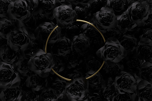 3d rendering of golden circle frame over a lot of black roses. Flat lay of minimal flower style concept