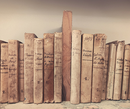 ancient books lined up on a shelf