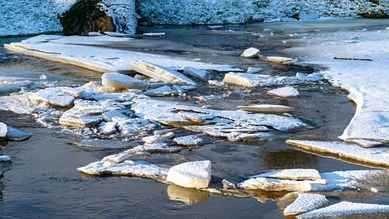 White pieces of ices at cracked on ground, Broken ice plate stacking in Baikal, Siberia Russia