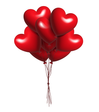 Hearts balloons. Bouquet of balloons. Vector 3D clipart isolated on white background.