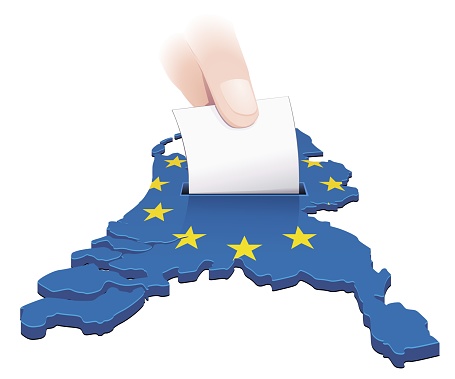 3D map of Netherlands in the colors of the European Union flag in which a hand places a ballot paper in a slot like a ballot box
