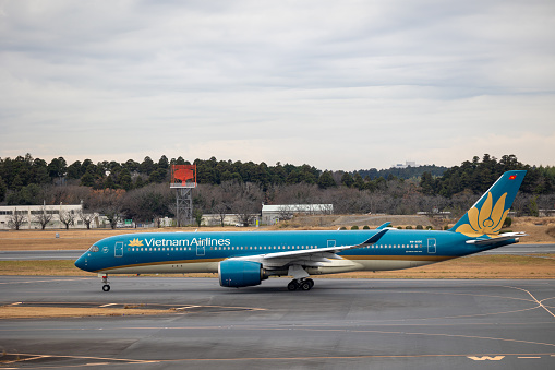 Narita, Japan - December 19, 2023 : Vietnam Airlines Airbus A350-900 at Narita International Airport in Japan.
