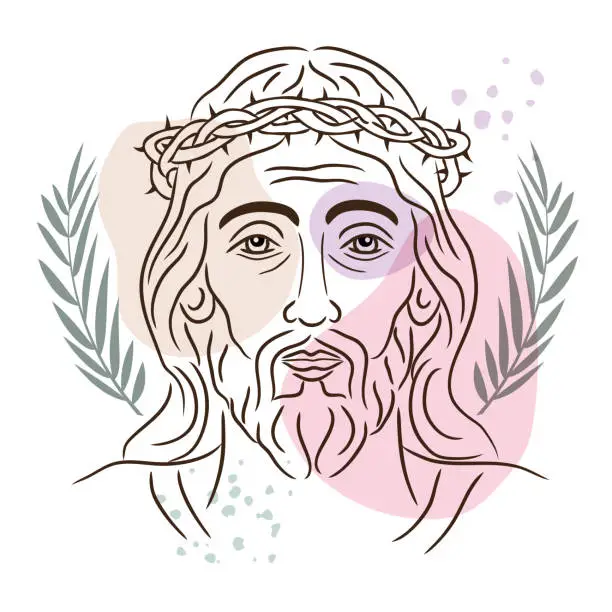 Vector illustration of Boho aesthetic God Jesus wearing crown of thorn