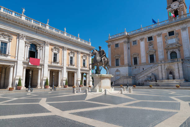 istock Rome - The bronze statue of emperor Marcus Aurelius on the square Piazza Campidoglio 1980318485