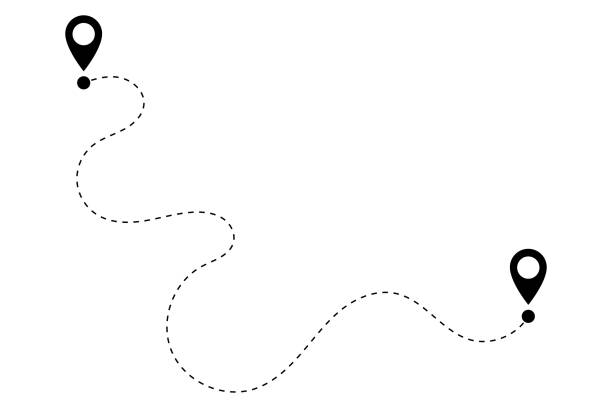 ikona trasy. dva body s tečkovanou cestou a špendlíkem. ikona umístění trasy, dvoukolíková značka a tečkovaná čára silnice. symbol začátku a konce cesty. vektor - směr stock ilustrace