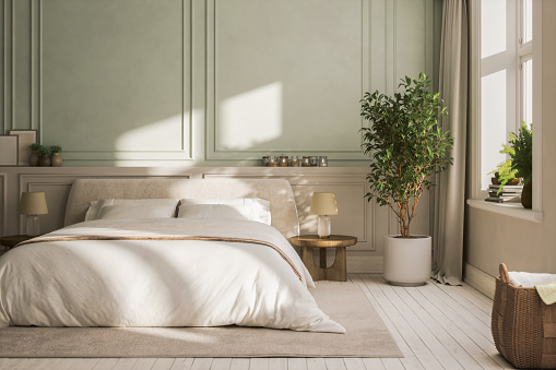 modern bedroom interior in earth tones, 3d rendering