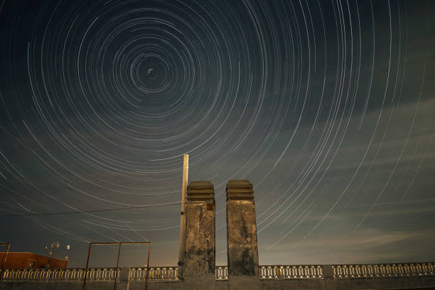Startrails on rooftop Startrails Spain zeitraffer stock pictures, royalty-free photos & images