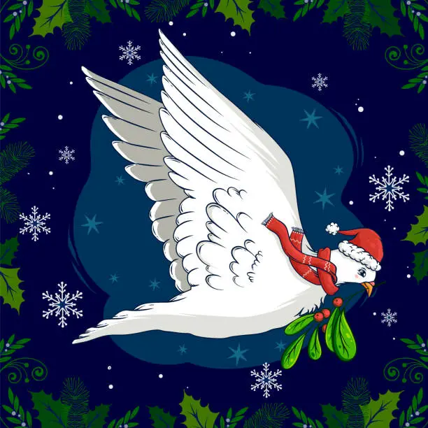 Vector illustration of Dove character with mistletoe and Santa hat