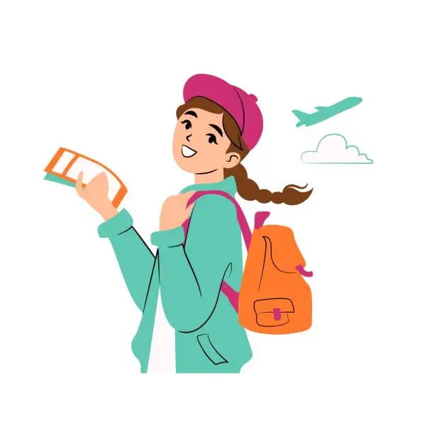 Vector illustration of Happy girl holding travel tickets and rucksack