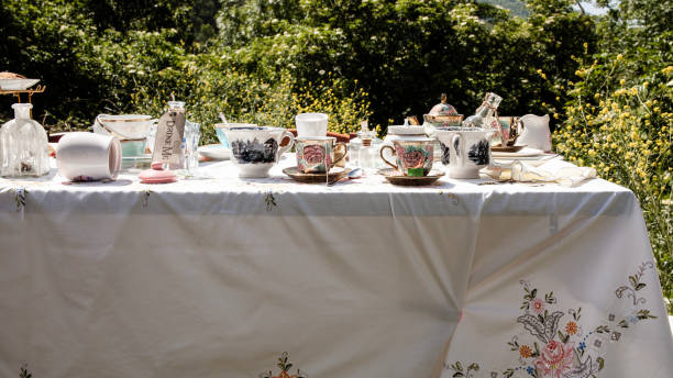 A sun-drenched garden table presents a vintage tea time array, complete with intricate teacups and a natural floral backdrop.