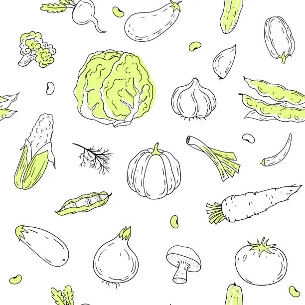 Vector illustration of Hand drawn vegetables on white background. Seamless pattern