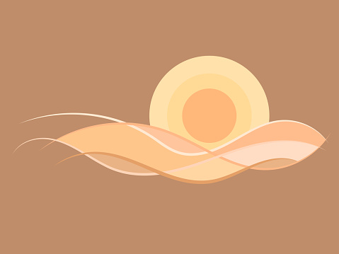 Desert landscape with sand dunes in line art style. Sunrise over the desert in minimalist style. Wavy landscape with dunes and sun. Design for banners, posters and wallpapers. Vector illustration