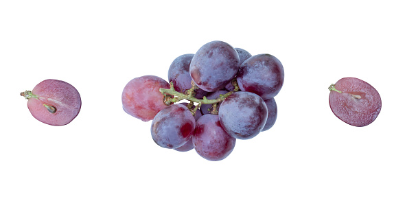 Top view set of a small bunch of red or violet grape with halves is isolated on white background with clipping path.