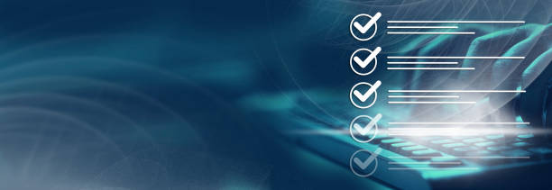 Survey form, check marks on checklist, document control, filling online form and answering questions, business project concept.