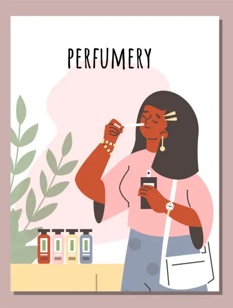 Vector illustration of Woman choose fashion perfume on shopping in beauty cosmetics perfumery shop vector poster, apply aroma scent