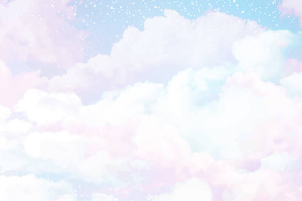 illustrations, cliparts, dessins animés et icônes de sugar cotton purple clouds vector design background. glamour fairytale backdrop. plane sky view with stars and sunset - illustration and painting panoramic sky snow