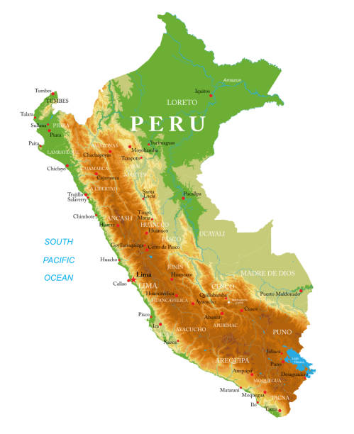 высокодетализированная физическая карта перу - map cartography peru nazca stock illustrations