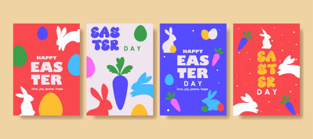 ilustrații de stoc cu felicitare de paște fericit banner comercial de modă, copertă, social media cu design plat - paște
