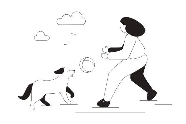 Vector illustration of Walking and playing with a dog