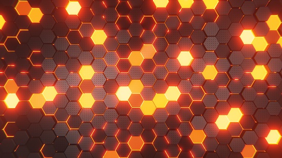 3d illustration of fire color hexagon shaped bee comb structure. Rendered background.