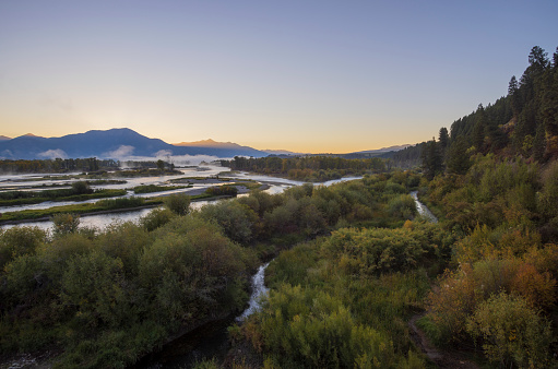 a scenic sunrise landscape on the Snake River Idaho in autumn