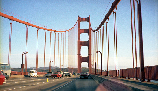 Traffic crossing the Golden Gate Bridge from San Francisco toward Marin County, California in 1972.