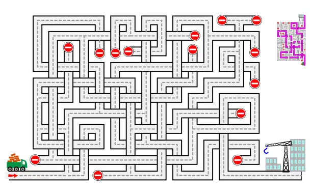 Vector illustration of Logical puzzle game with labyrinth for children and adults. Help the lorry deliver bricks to the construction of houses. Printable worksheet for kids brain teaser book. IQ test. Vector cartoon image.