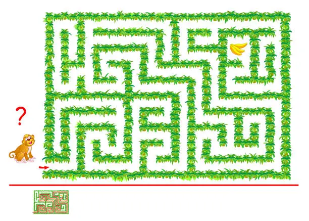 Vector illustration of Logical puzzle game with labyrinth for children and adults. Help the monkey find way in jungle till bananas. Printable worksheet with maze for kids brain teaser book. IQ test. Vector cartoon image.