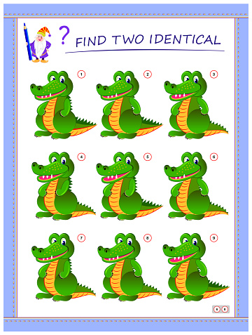 Logical puzzle game for little children. Need to find two identical crocodiles. Educational page for kids. IQ training test. Printable worksheet for textbook. Back to school. Vector cartoon image.