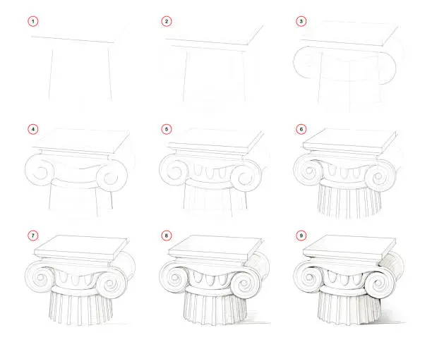 Vector illustration of How to draw step-wise antique column in ancient Greek architecture. Creation step by step pencil drawing. Educational page. School textbook for developing artistic skills. Hand-drawn vector image.