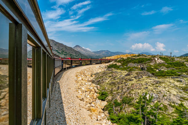 Skagway, Alaska - July 30, 2023: Tourists are enjoying the view from train. White Pass Summit excursion tour train, Alaska, USA.