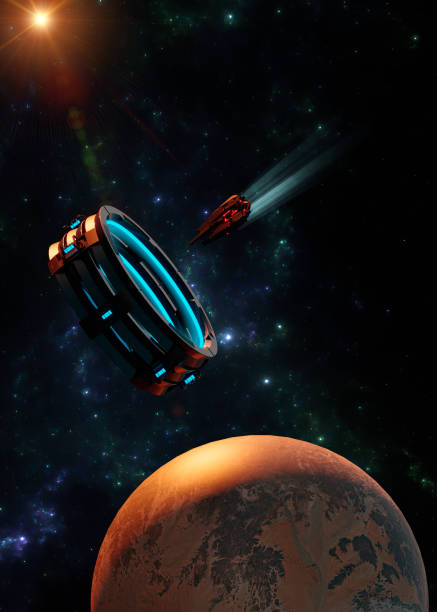 Interstellar travel and dimensional portals, spaceships exploring new planets and space-time transformation. Conquest of new worlds, exoplanets. 3d rendering