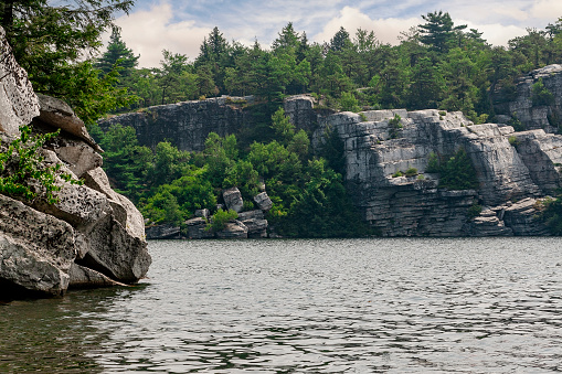 Lake Minnewaska, located in Minnewaska State Park in New Paltz, New York,  and part of Shawangunk Mountain ridge.