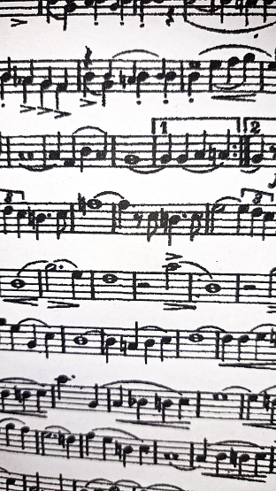 Sheet music book as background, top view