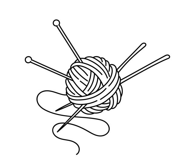 Knitting element linear. Knitting and needlework, handmade. Ball with needles. Graphic element for website. Template and layout. Outline flat vector illustration isolated on white background