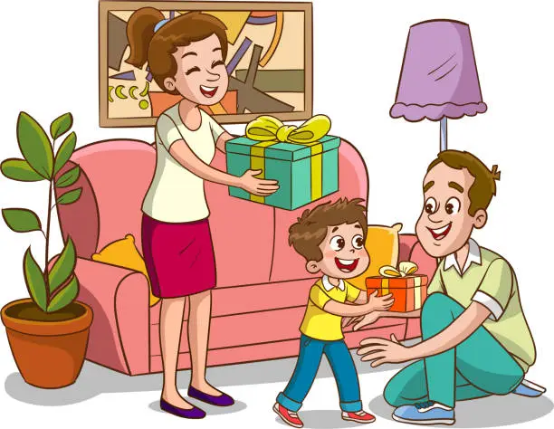 Vector illustration of Vector illustration of children surprise their father and give a gift.