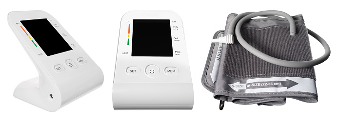 An automatic blood pressure monitor with an LCD screen and cuff, displayed on white.
