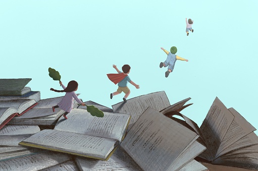 Education, book, reading, imagination, dream of children and back to school concept art. conceptual illustration. kids