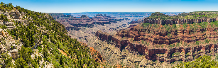 Sweeping panoramic vista from Bright Angel Point on the North Rim over the iconic strata and ravines of the Grand Canyon National Park towards the lower South Rim, Arizona, USA.