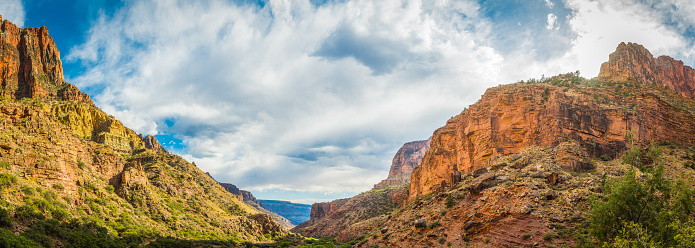 Panoramic view down the North Kaibab Trail below Coconino Overlook to the Roaring Springs Canyon deep in the desert wilderness of the Grand Canyon National Park, Arizona, USA.