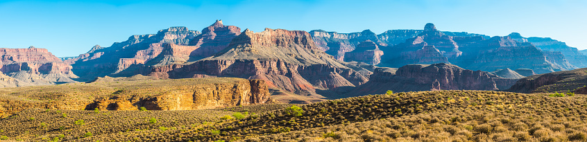 Panoramic vista from the remote Tonto Trail on the high desert plateau of the Grand Canyon National Park, Arizona, USA.