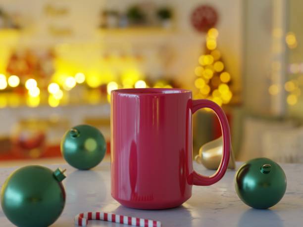 15 oz Red Ceramic Mug with Bright Lights Unfocused in a Christmas Scene