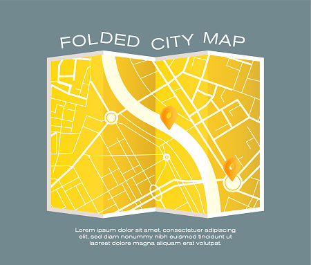 Folded location map with marker. City map with pin pointer. GPS navigation map with city street roads. Vector illustration.