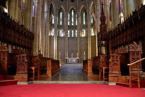 Brisbane, Queensland, Australia: Saint John's Anglican Cathedral - neo-Gothic style - architect John Loughborough Pearson - wood choir stalls, sanctuary and altar - Ann Street