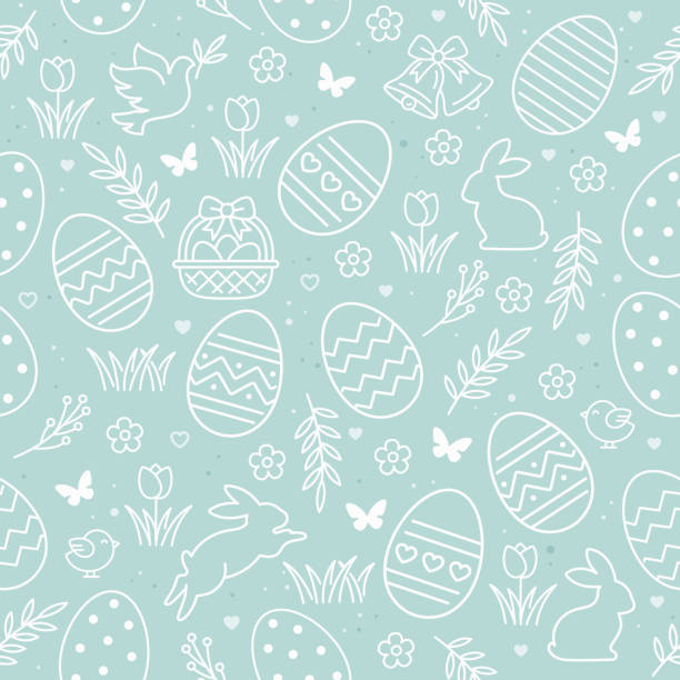 Icone senza soluzione di continuità con uova di Pasqua, fiori, coniglietti e farfalla. Set di icone di contorno di Pasqua. - illustrazione arte vettoriale