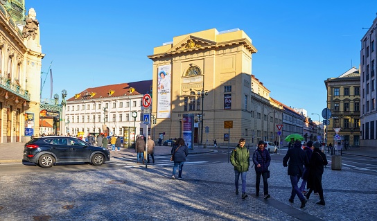 Prague, Czech Republic, January 28, 2024: View of the Republic Square (Czech: Náměstí republiky) with the Hybernia Theater on a sunny afternoon.