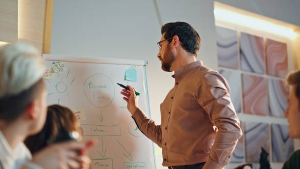 istock Manager leading business meeting showing flip chart presentation to work group. 1980786585