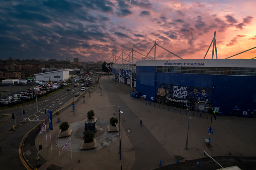 Leicester, UK - 22nd January 2024: Sunrise over the King Power Stadium in Leicester, Leicestershire, UK