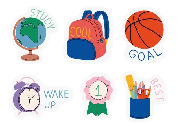 Vector illustration of Back to school collection of badges for students with school supplies. Vector illustration